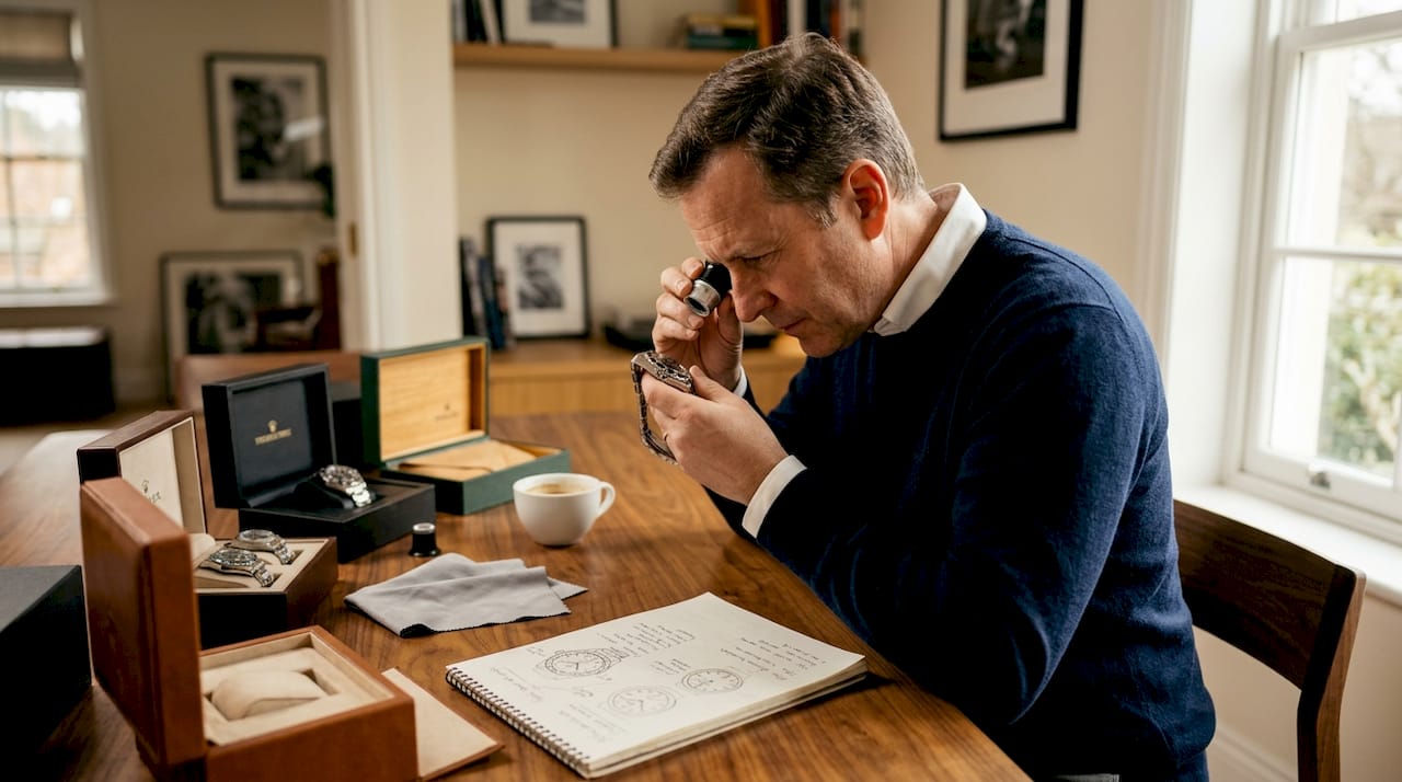 Collector examining luxury watch at home table