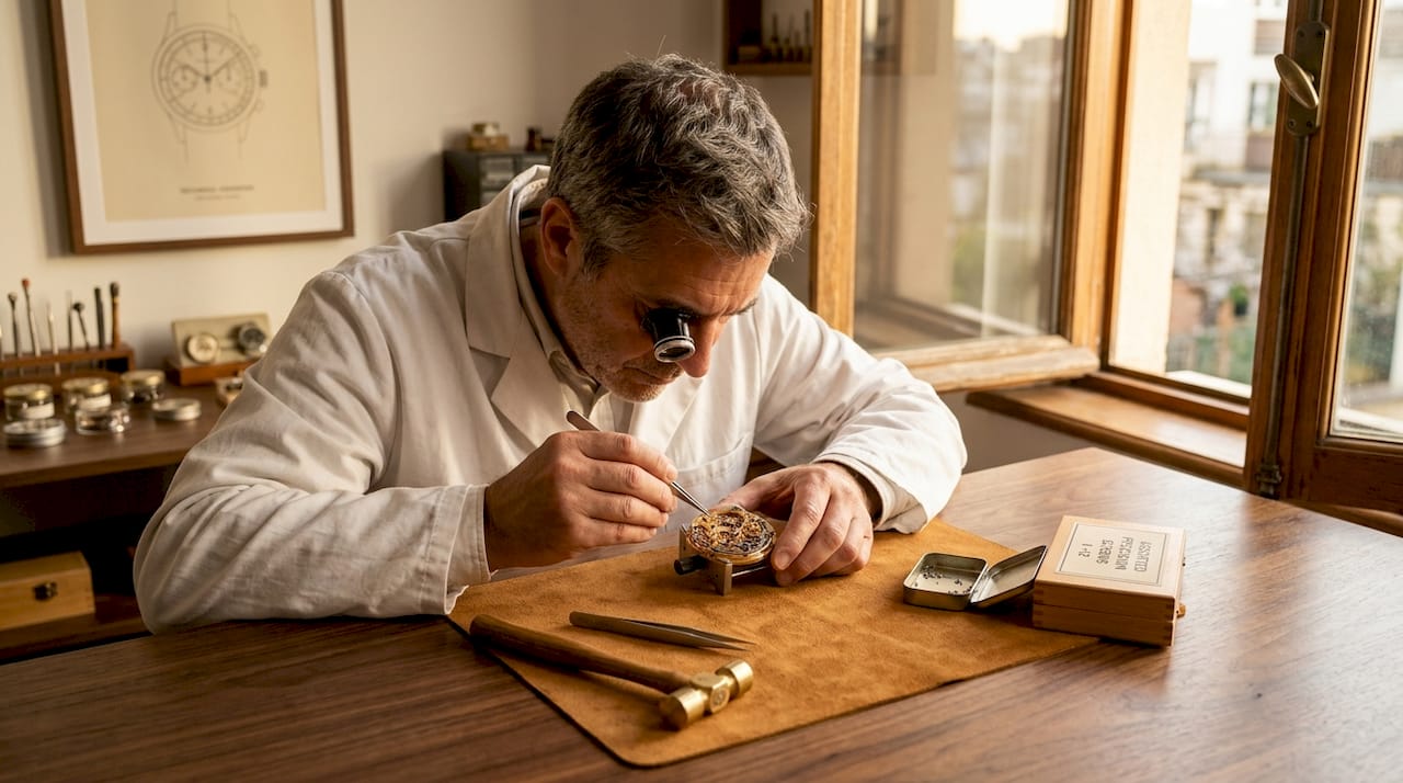 Watchmaker inspecting luxury watch movement