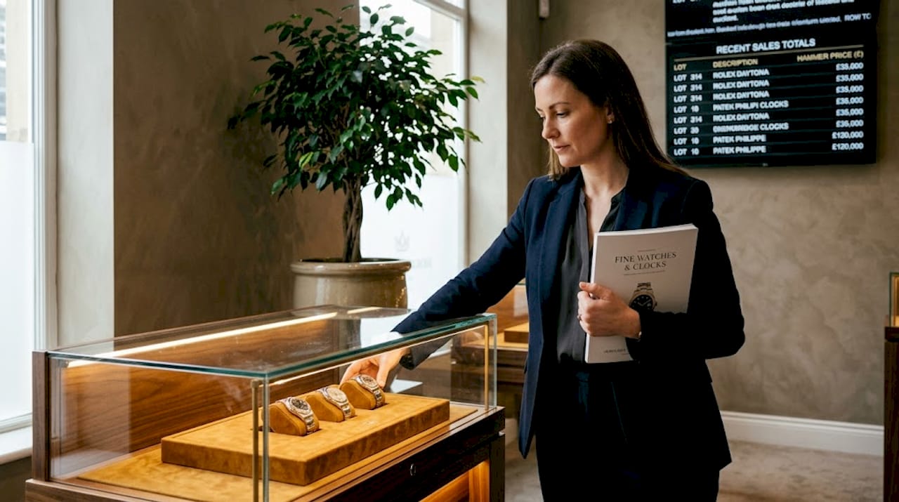 Auction specialist displaying rare watches before auction