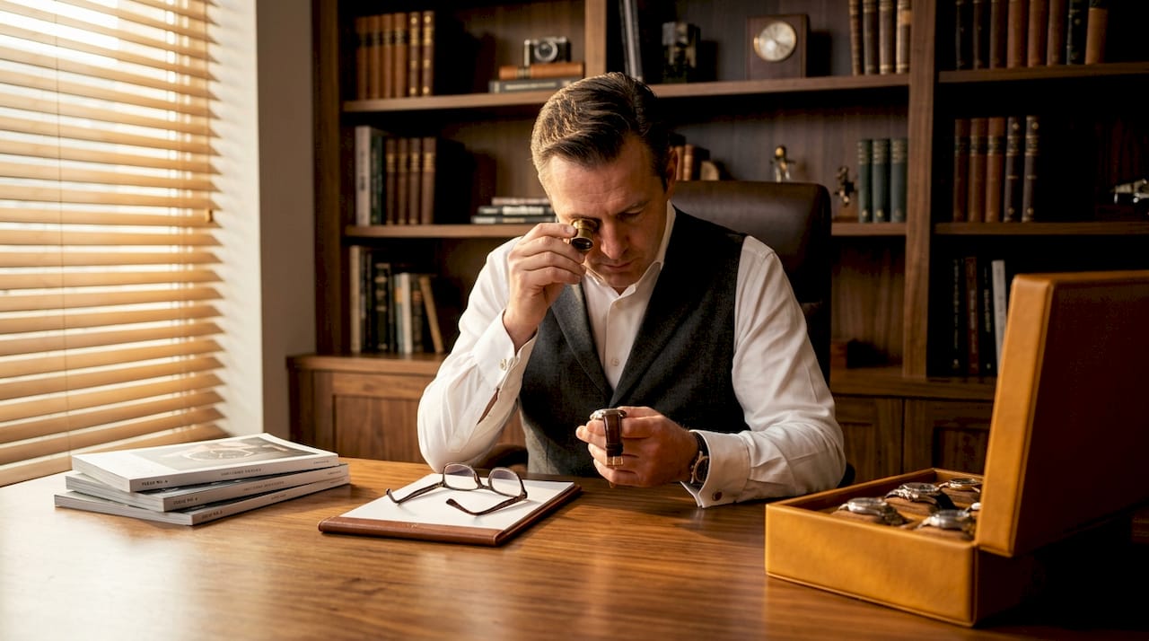 Collector inspecting vintage luxury watch at desk