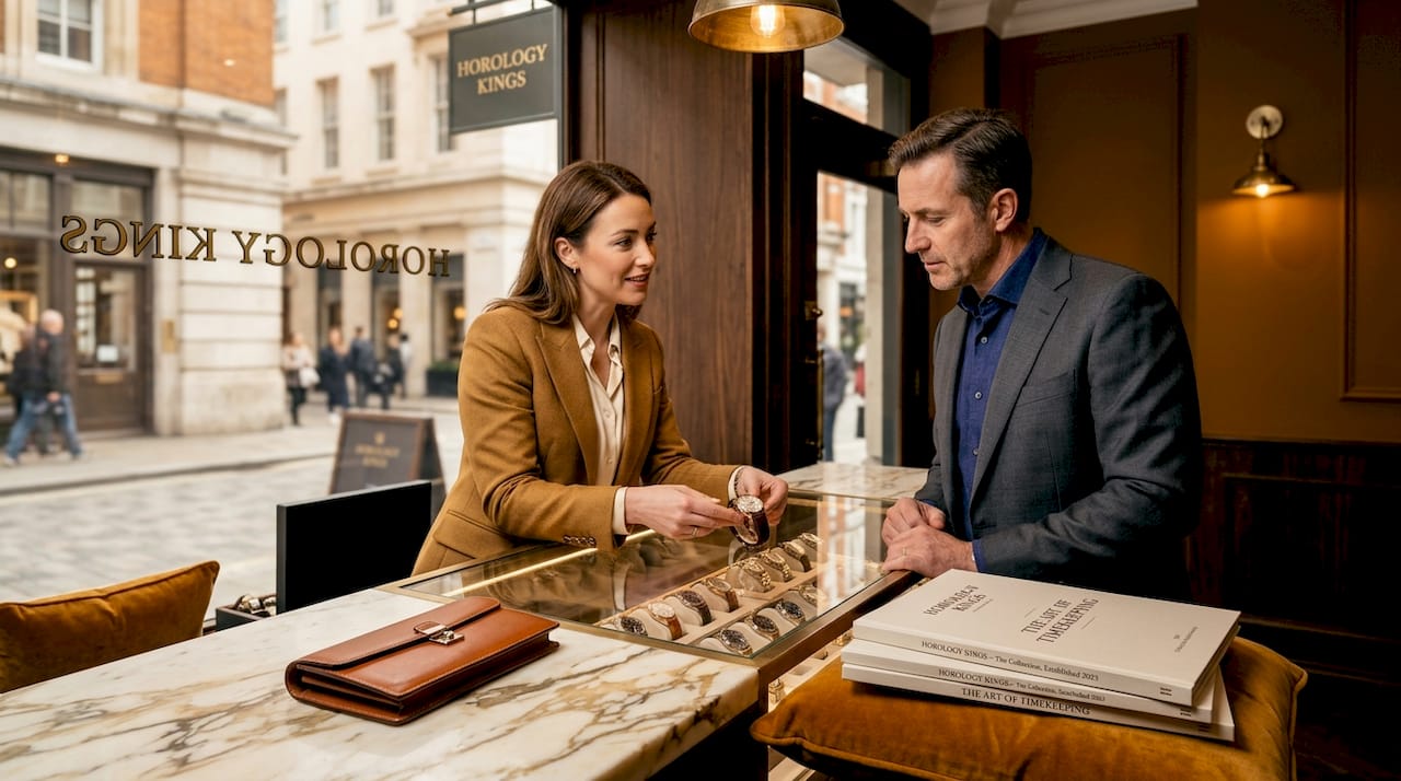 Sales associate assists buyer in luxury watch boutique