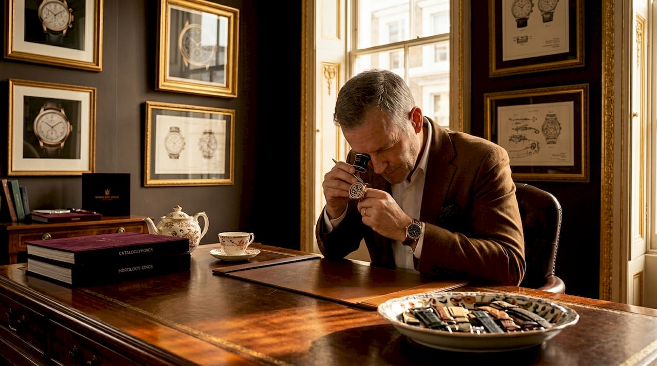 UK collector examines luxury watch at antique desk