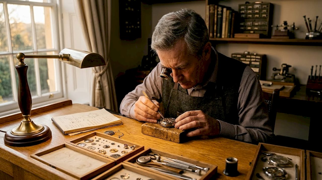 Watchmaker assembling mechanical movement at workbench