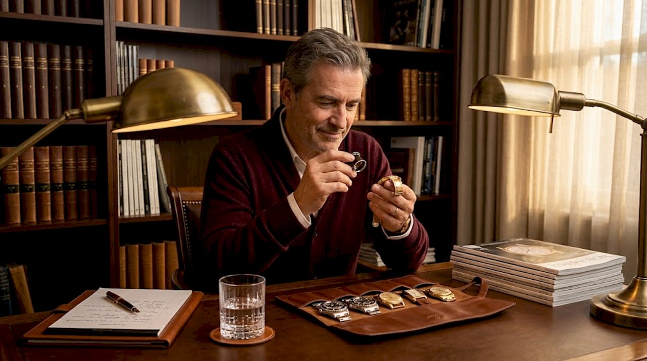 Watch collector examining timepiece in home study
