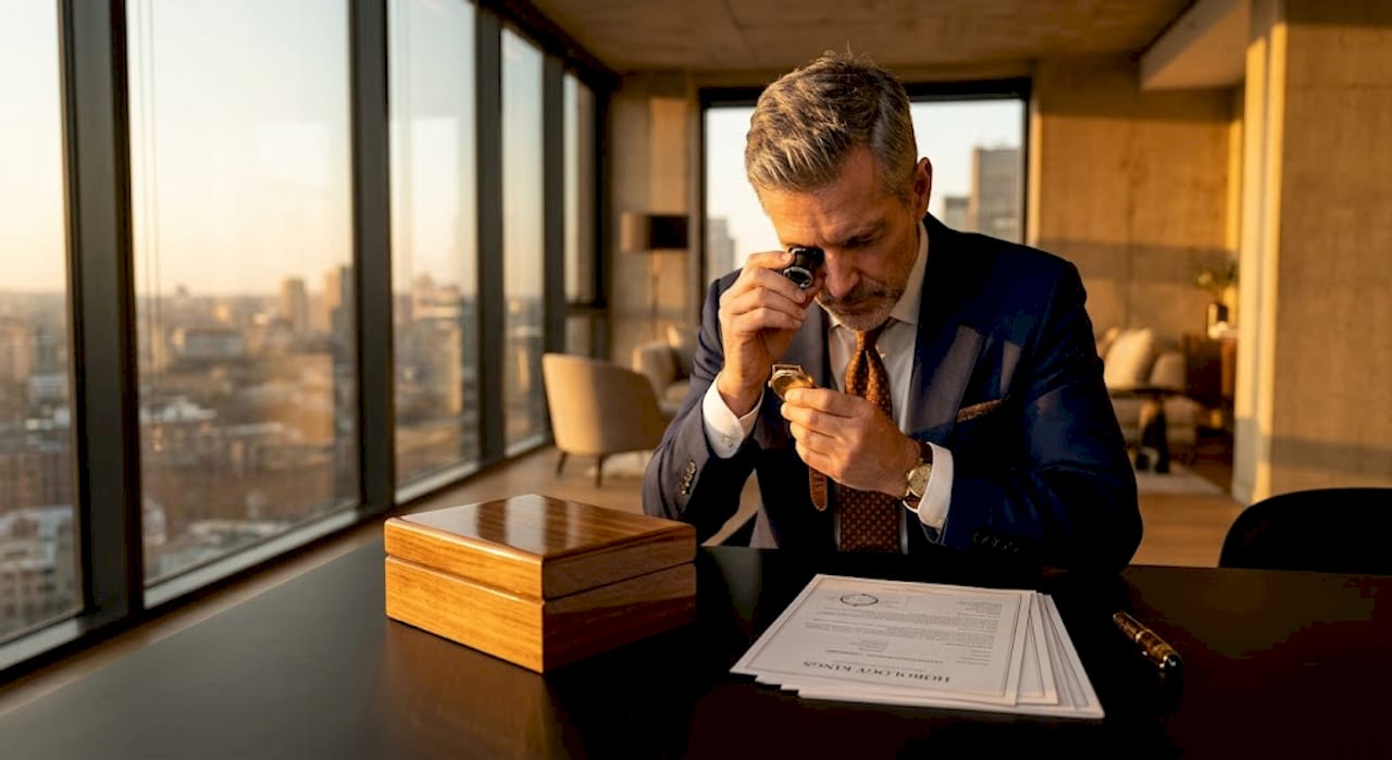 Man inspecting watch for private luxury sale