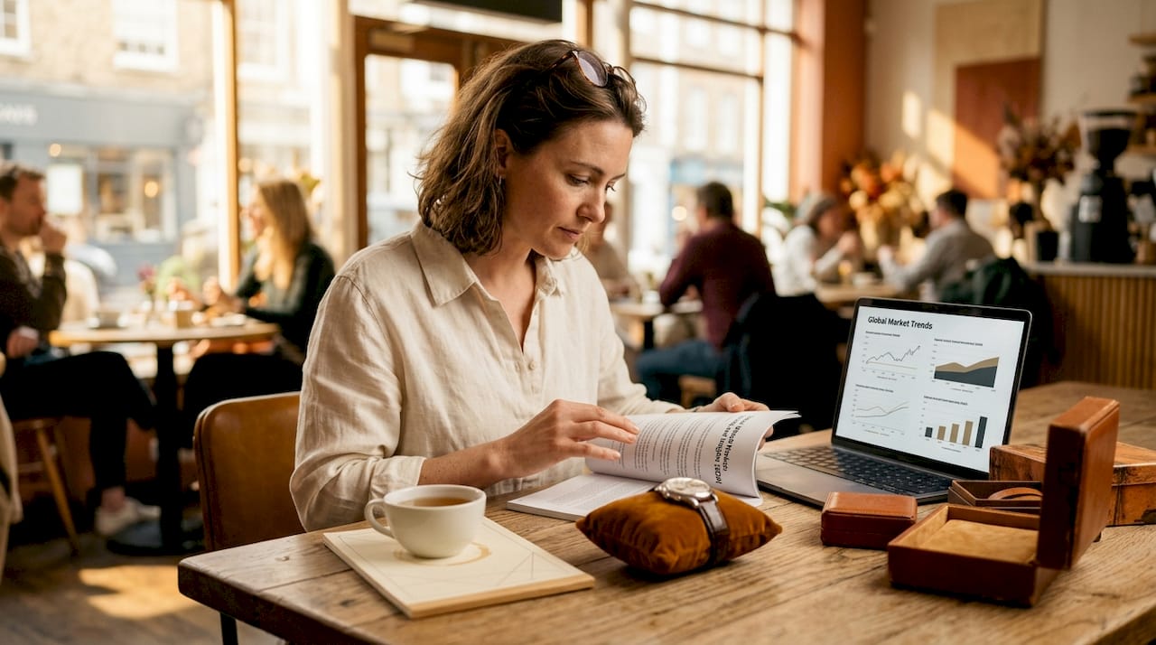 Expert studying watch market trends at kitchen island