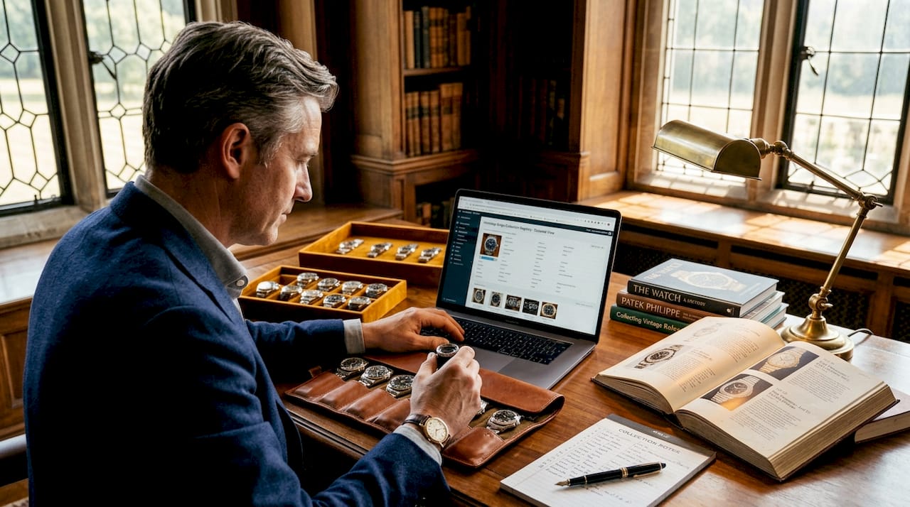Collector cataloguing watches in home office