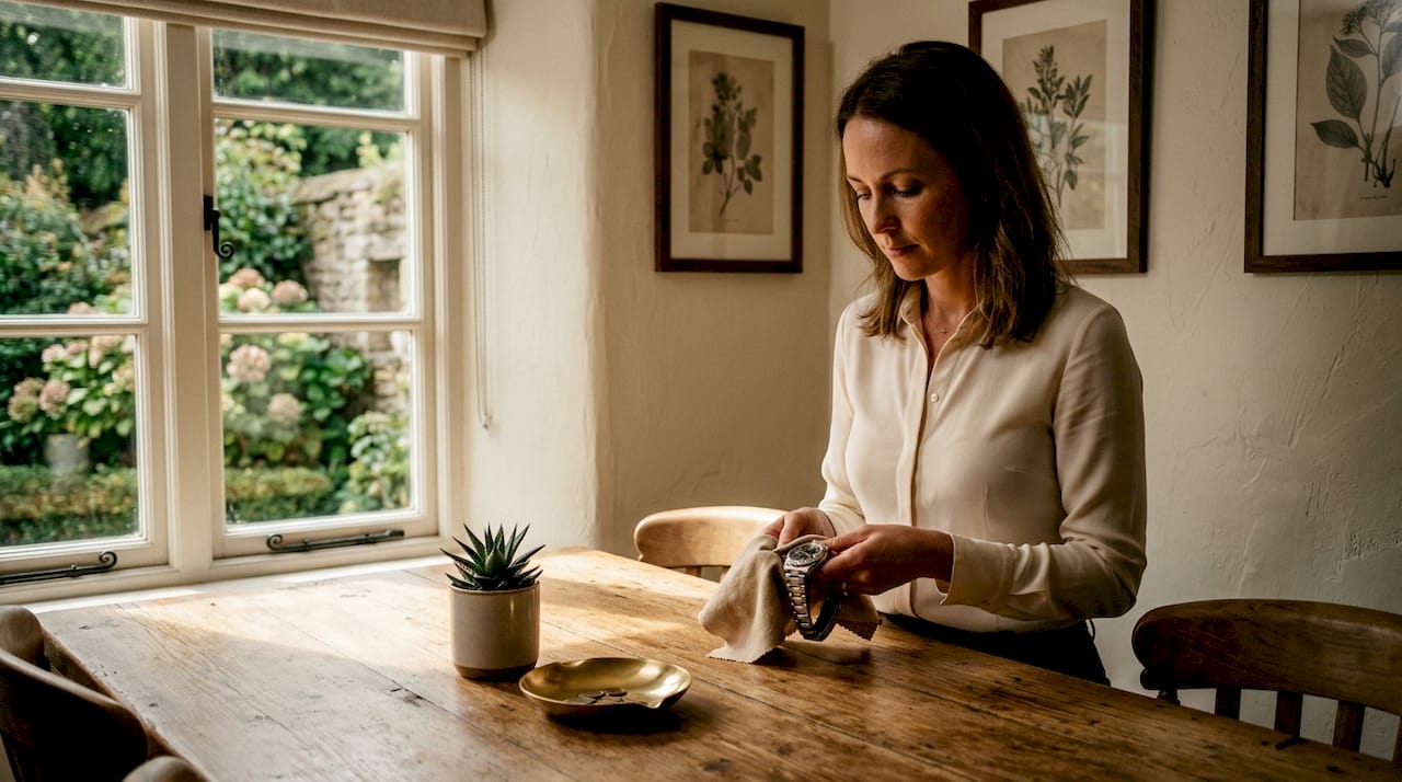Routine luxury watch care at kitchen island
