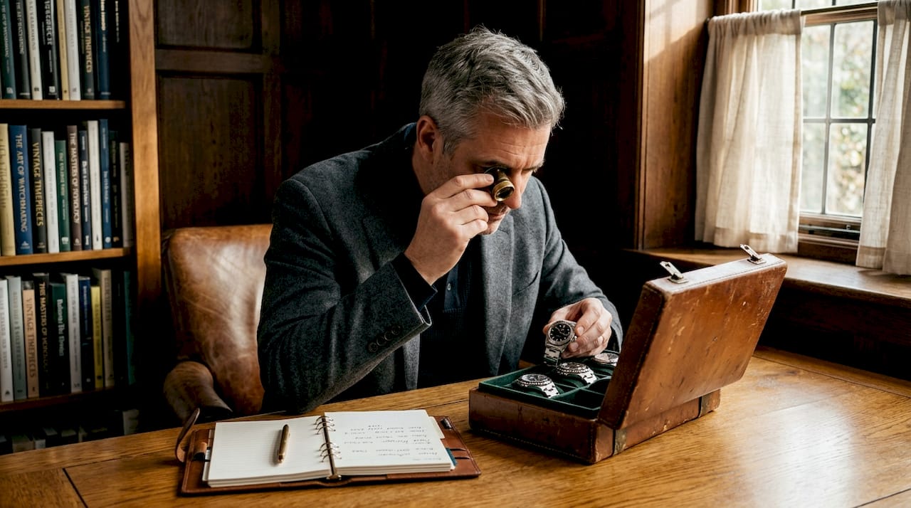 Collector reviewing watches in home study