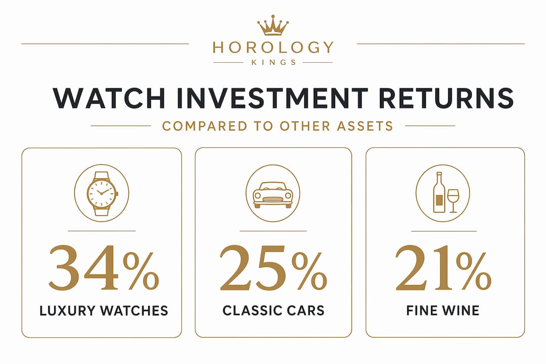 Infographic comparing luxury watch, car, and wine returns