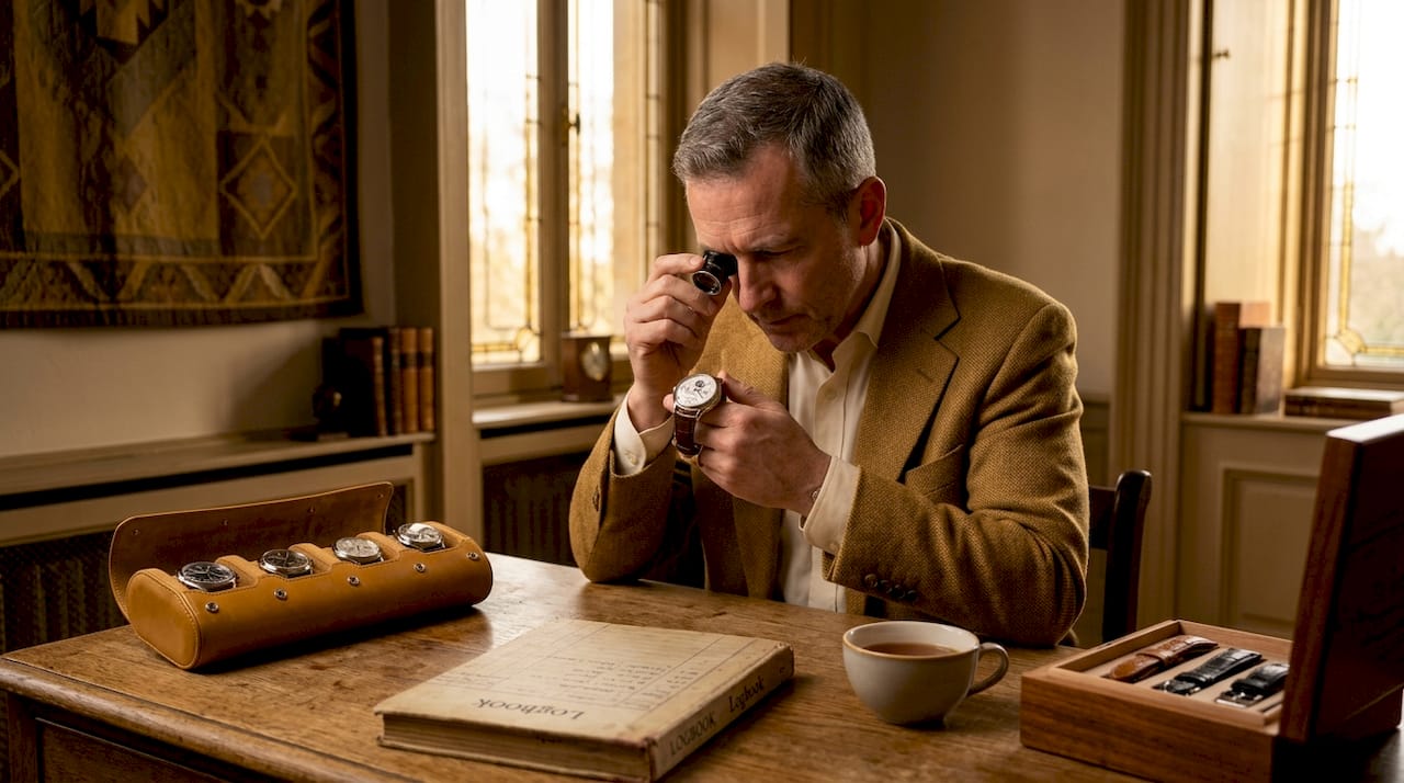 Collector inspects perpetual calendar watch at home table