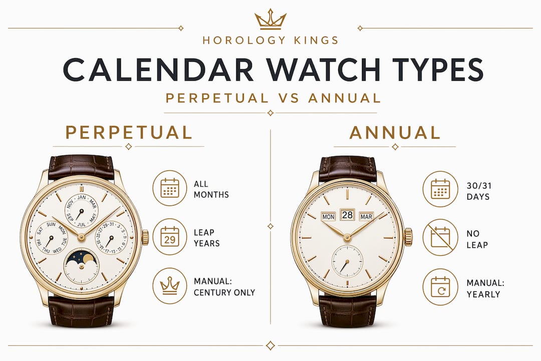 Comparison infographic perpetual versus annual calendar watches