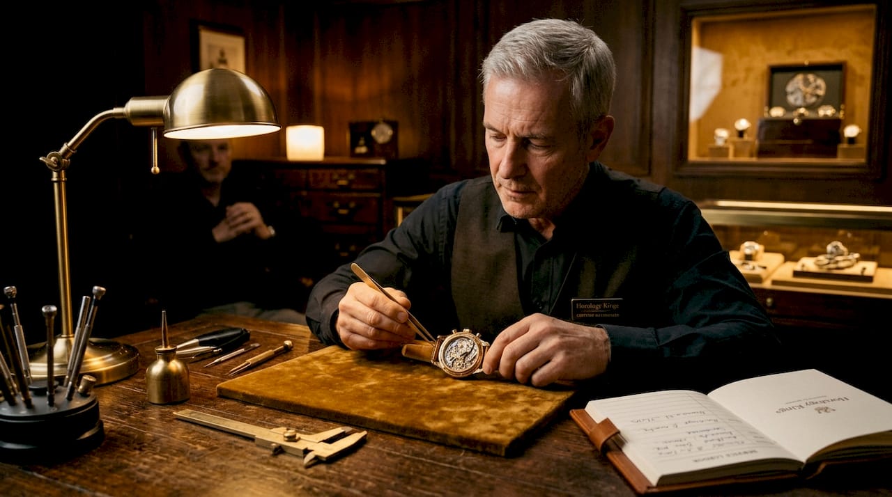 Watchmaker inspects luxury watch in workshop