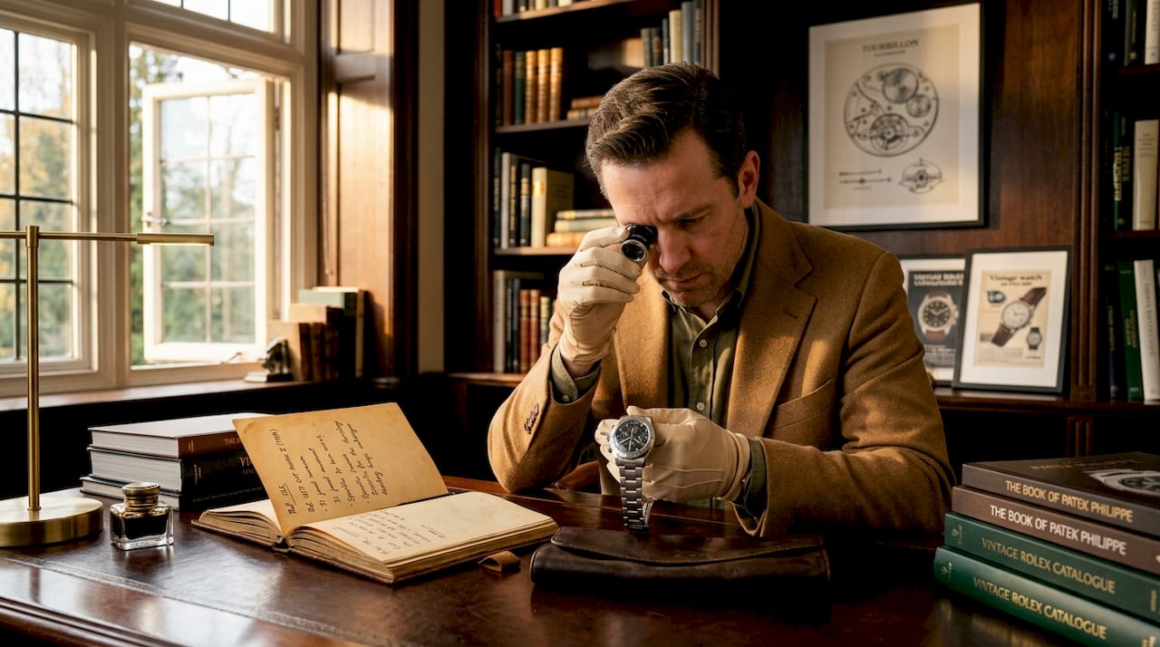 Man checking luxury watch paperwork at desk
