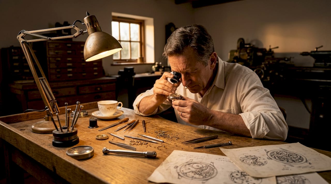 Watchmaker engraving at studio workbench