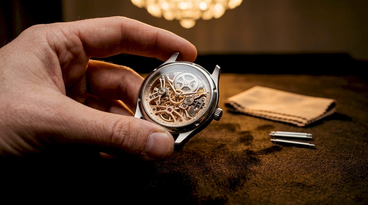 Hands holding skeleton watch showing exposed movement