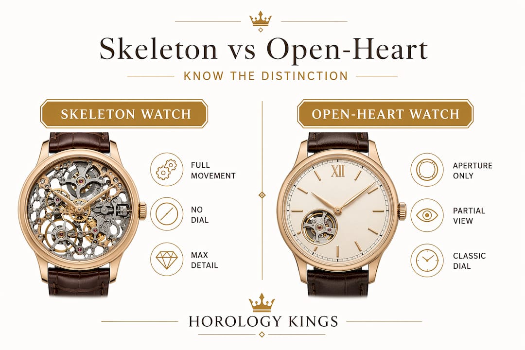 Infographic comparing skeleton and open-heart watches
