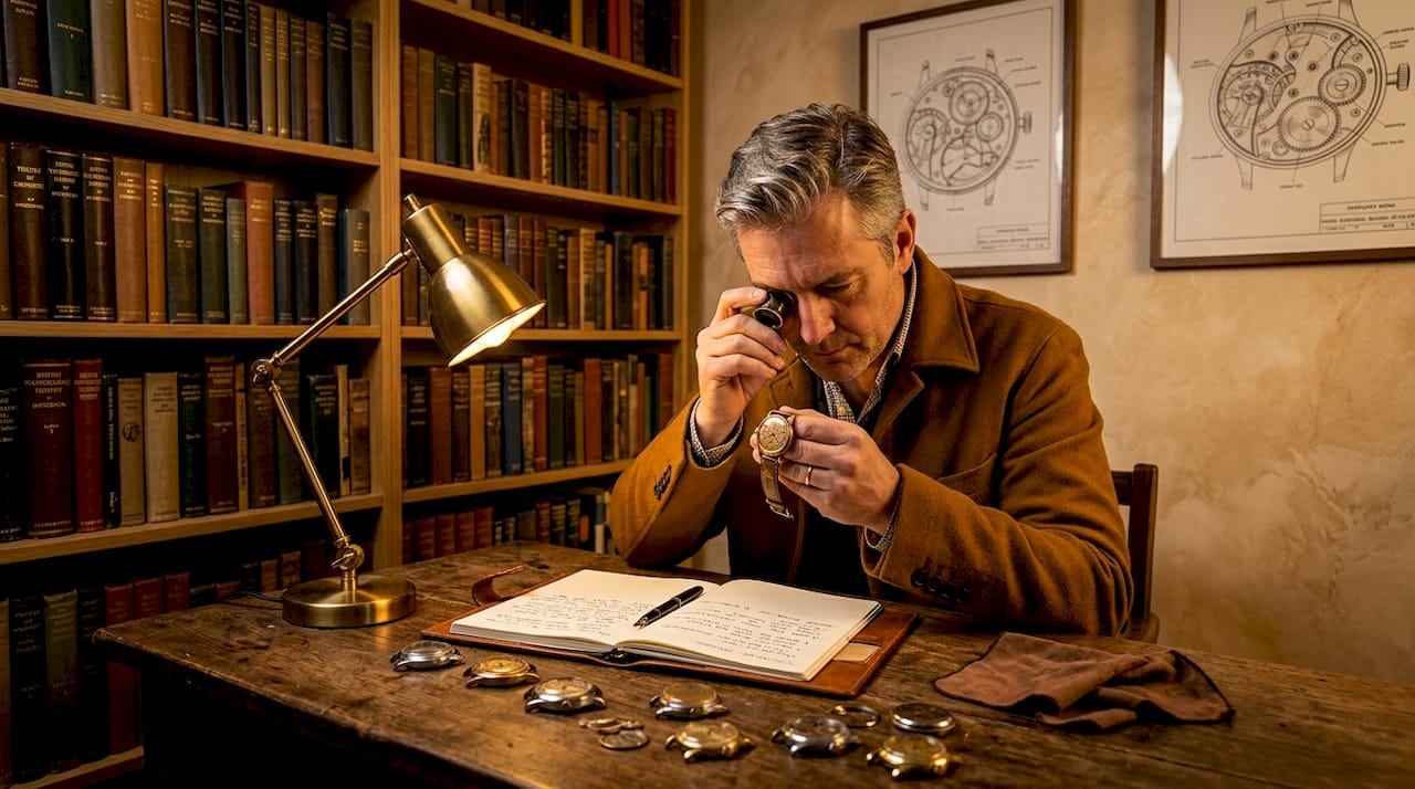 Collector examining vintage watch at desk