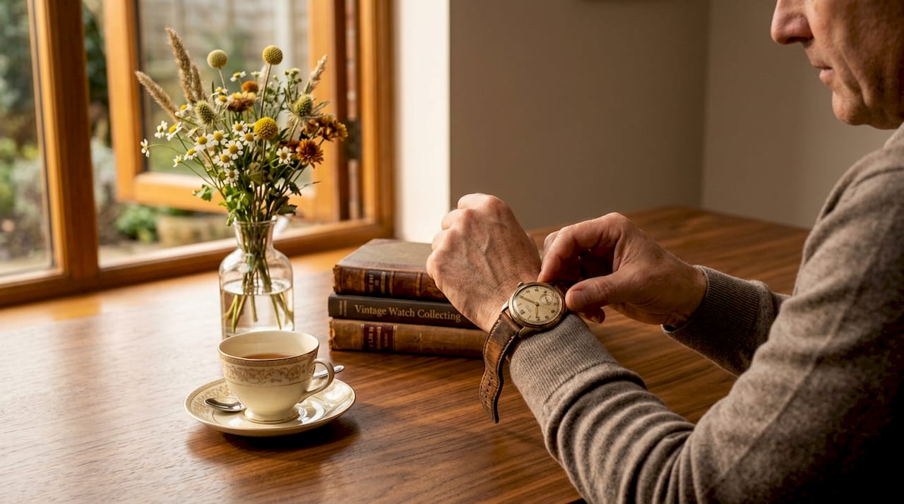 Person wearing vintage watch at kitchen table