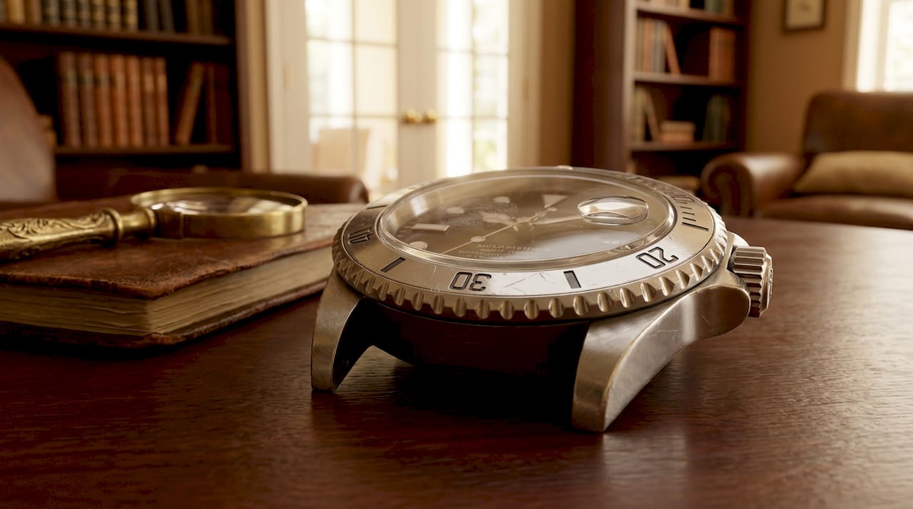 Close-up of wristwatch bezel in natural setting