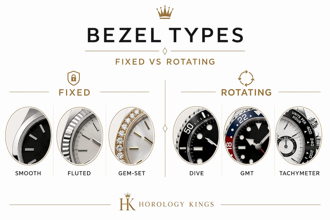 Infographic comparing fixed and rotating bezel types