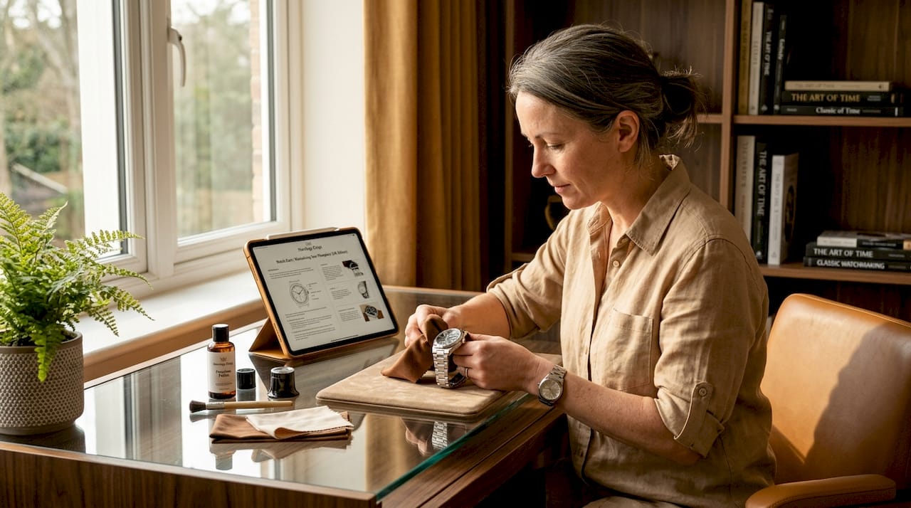 Woman polishing wristwatch at home desk