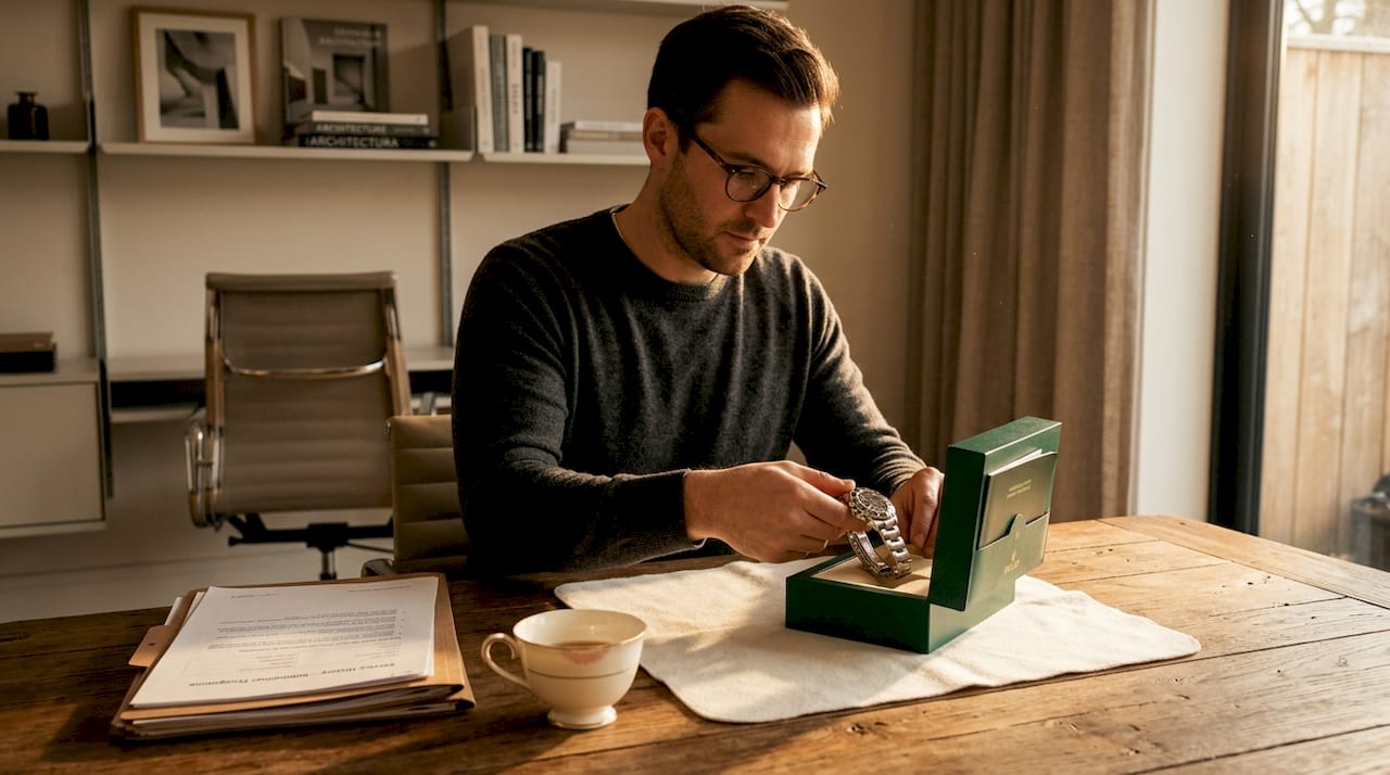 Man preparing luxury watch for consignment at home