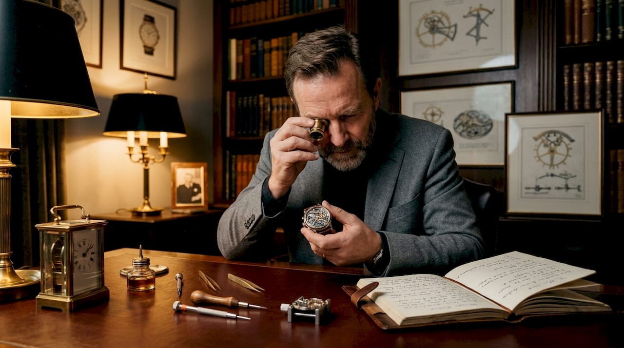 Collector inspecting luxury complication watch
