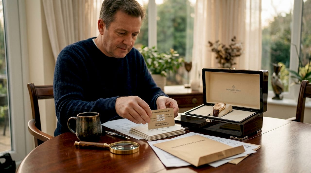 Man organizing watch certificates at dining table