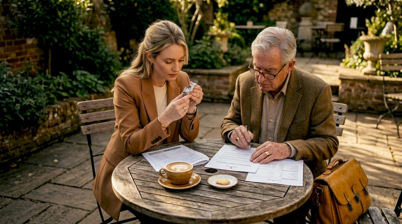 Buyers reviewing watch documents in café