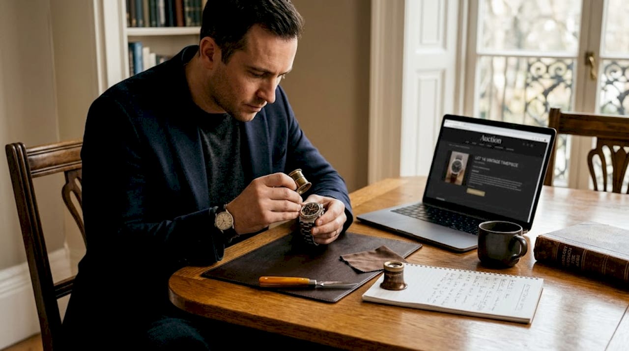 Man authenticating luxury watch at dining table