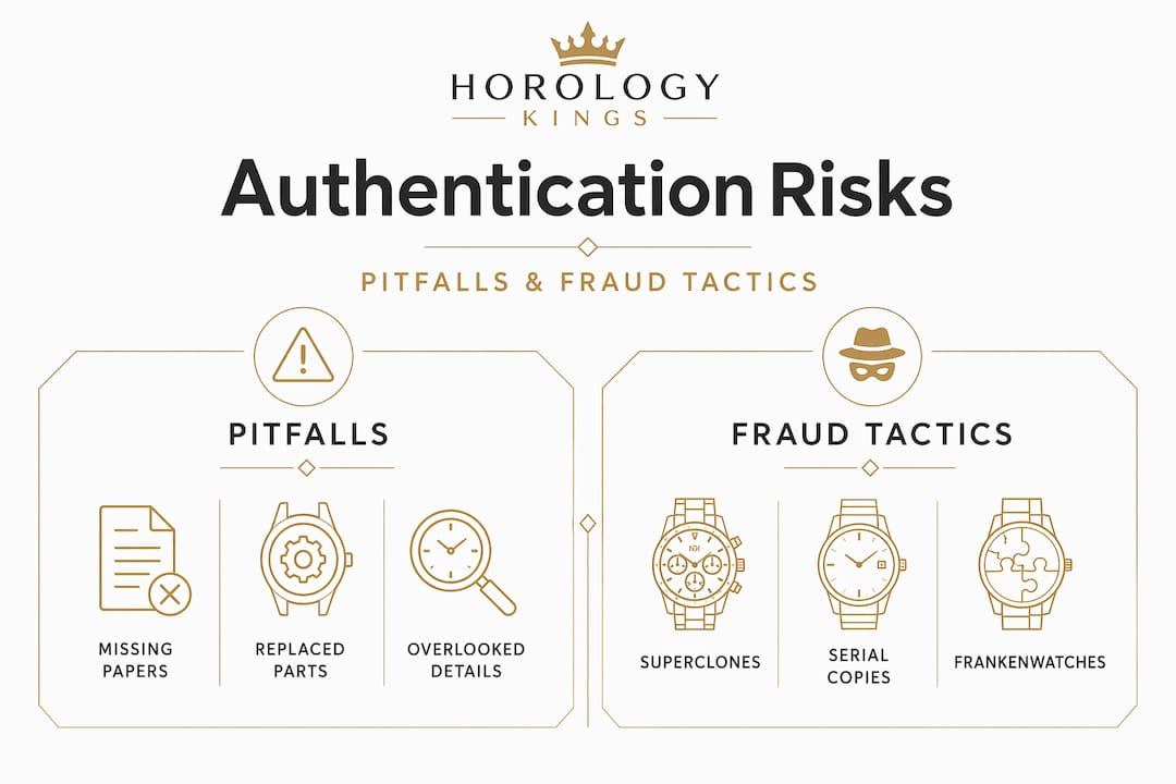 Split infographic of authentication pitfalls and fraud tactics