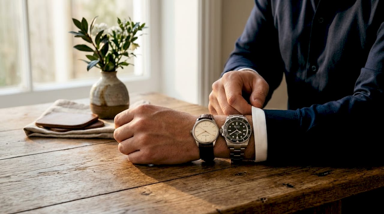 Wrist shows slim and thick watches side by side