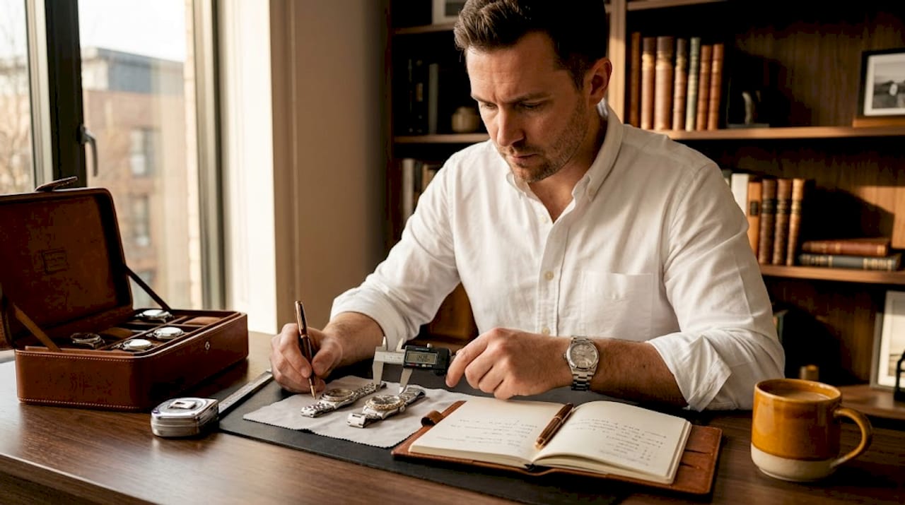 Man measures luxury watch size at desk