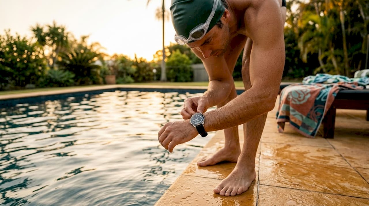 Swimmer checking dive watch by pool