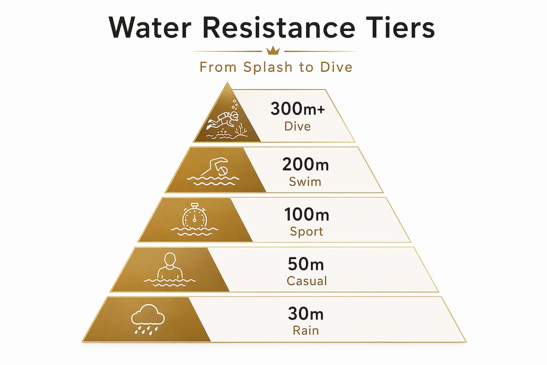 Hierarchy infographic of watch water resistance tiers