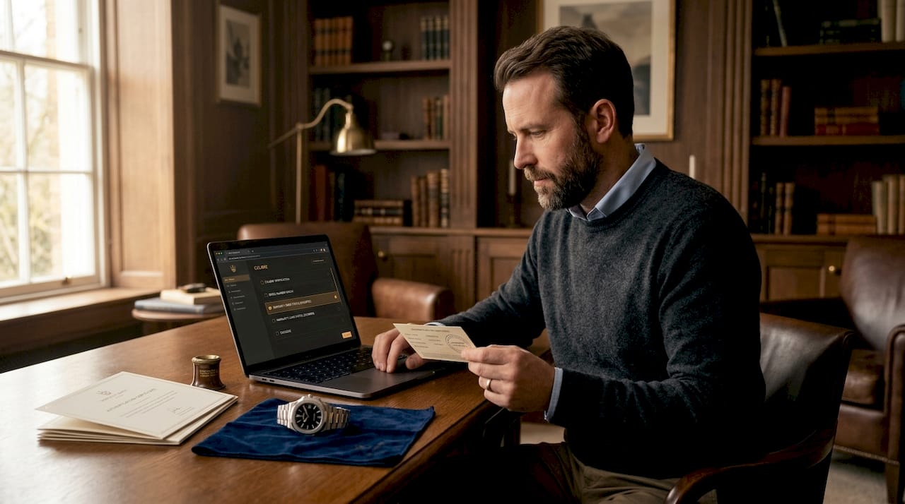 Watch owner verifying papers for authenticity