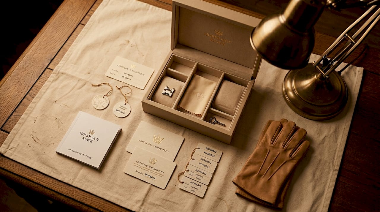 Complete watch box and papers displayed