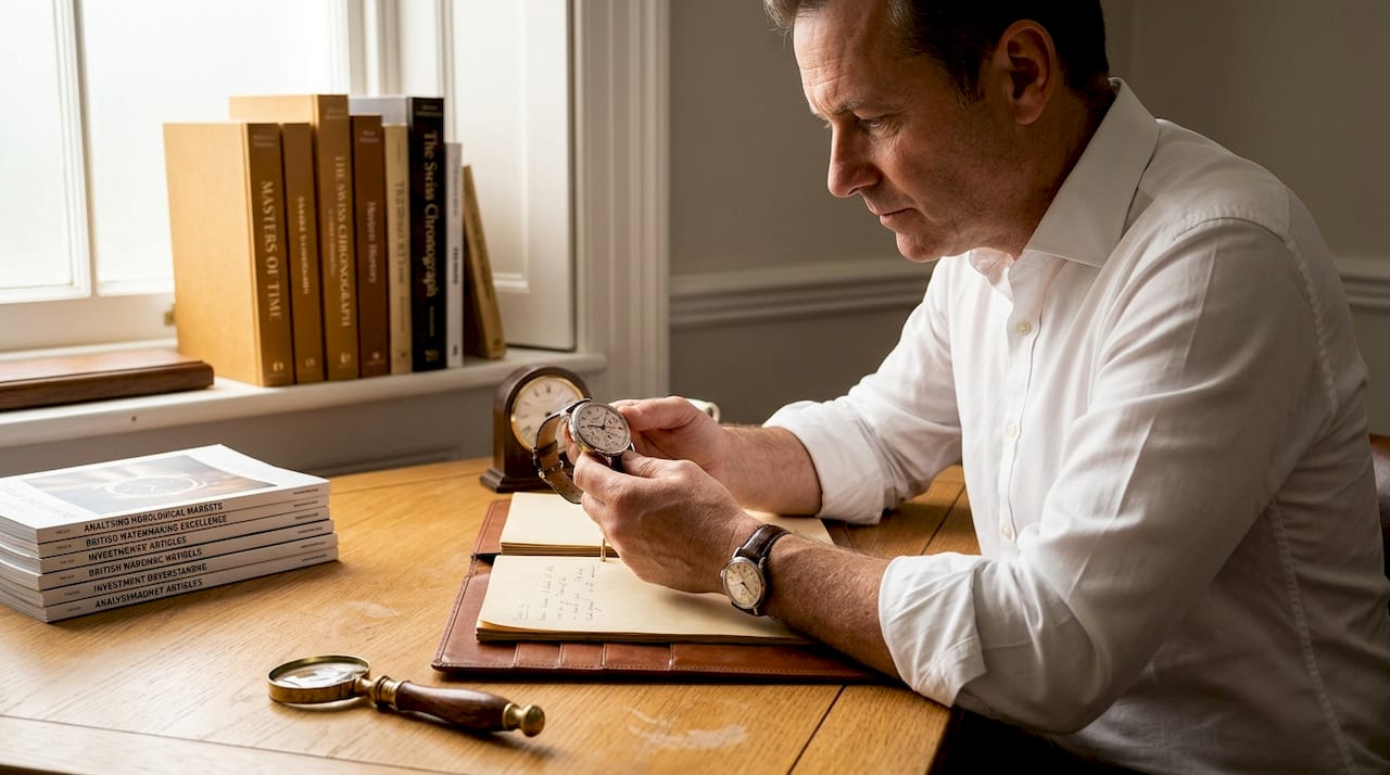 Collector examining luxury watch at desk