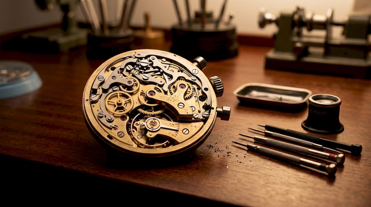 Detailed mechanical chronograph watch movement