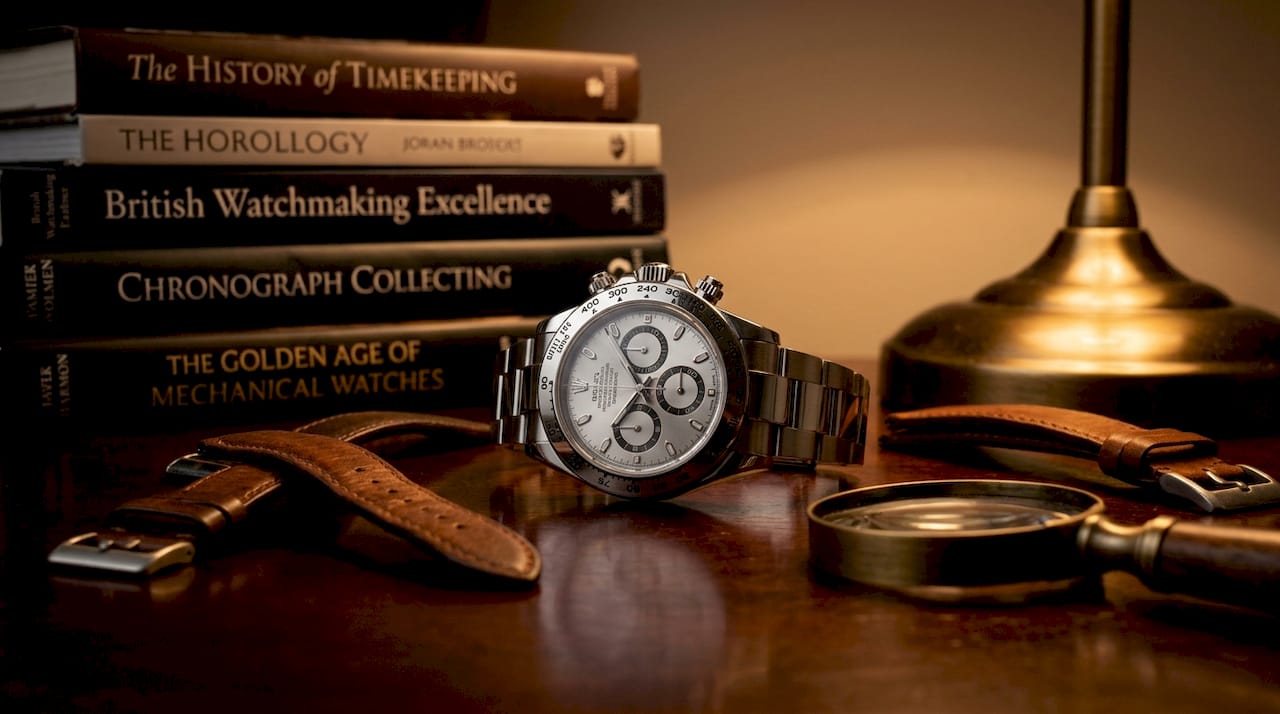 Close-up of luxury chronograph watch face