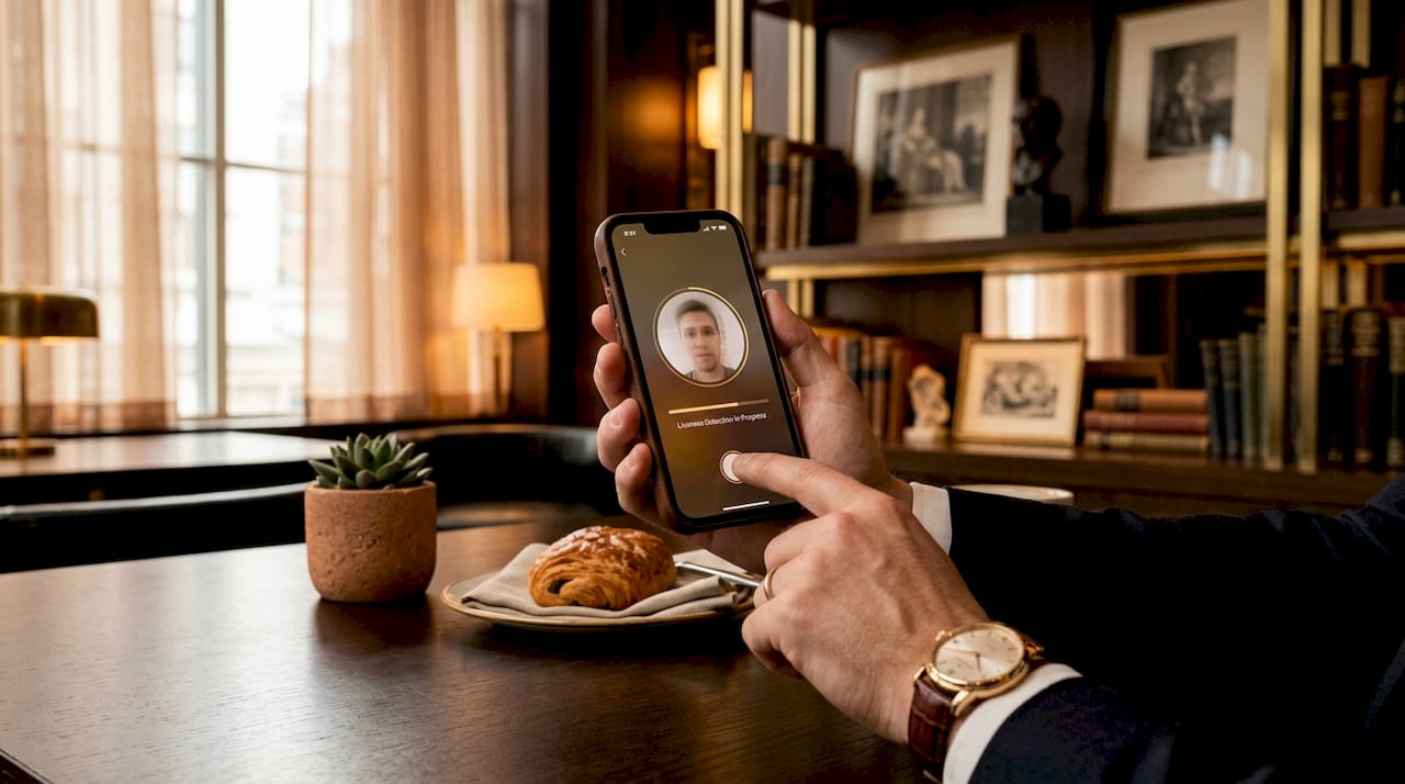 Hands capturing biometric selfie on smartphone