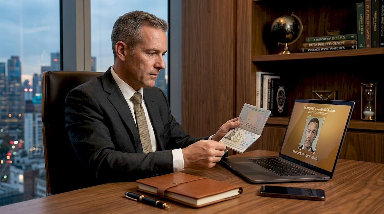 Businessman verifying buyer identity using documents and software