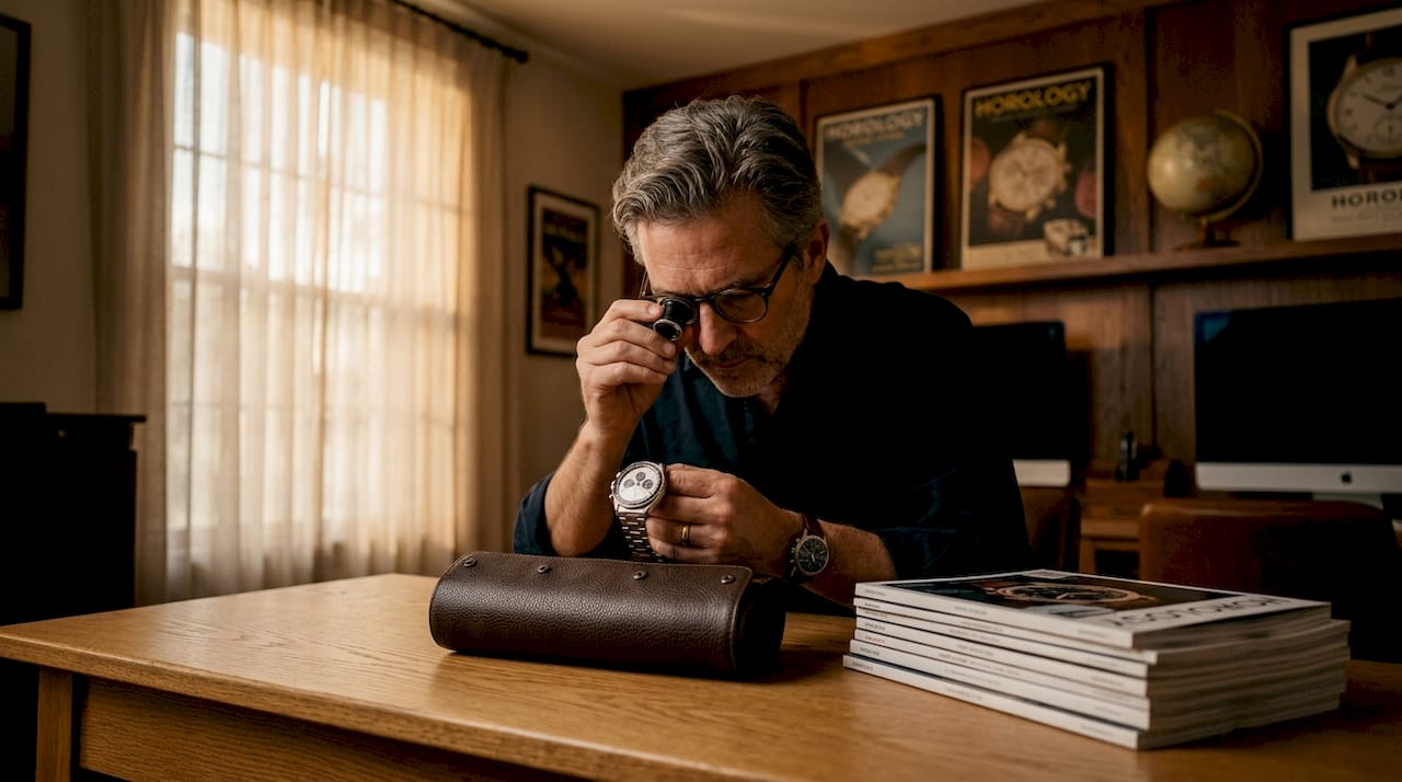 Man examining luxury chronograph watch closely