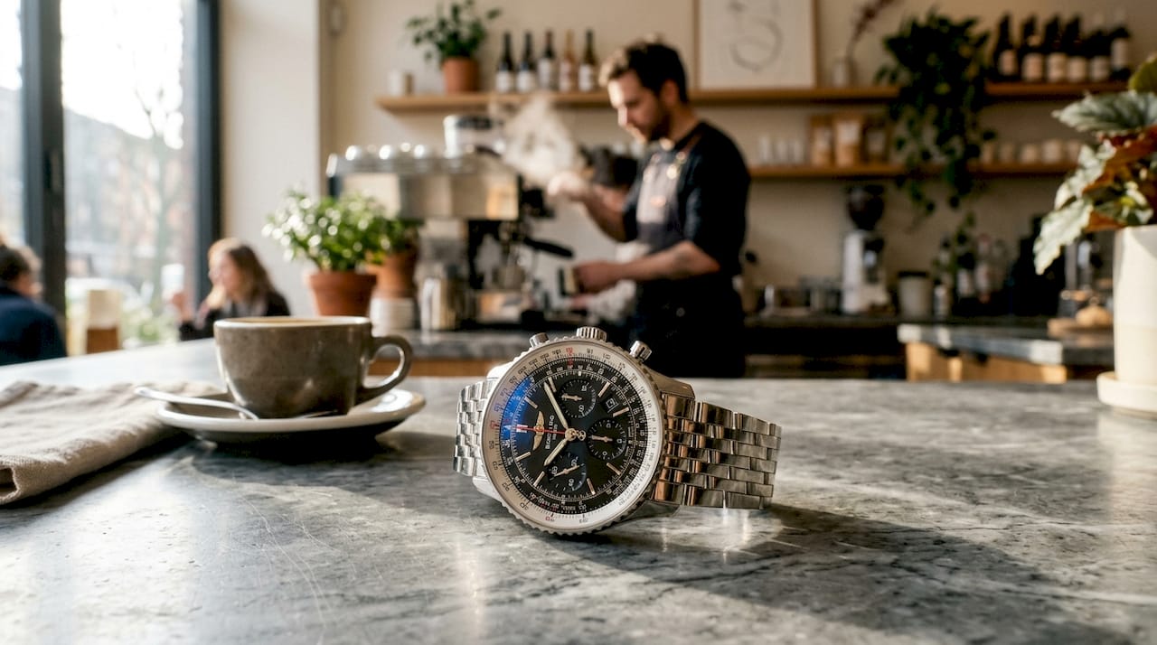 Close-up of Breitling Navitimer chronograph watch on table
