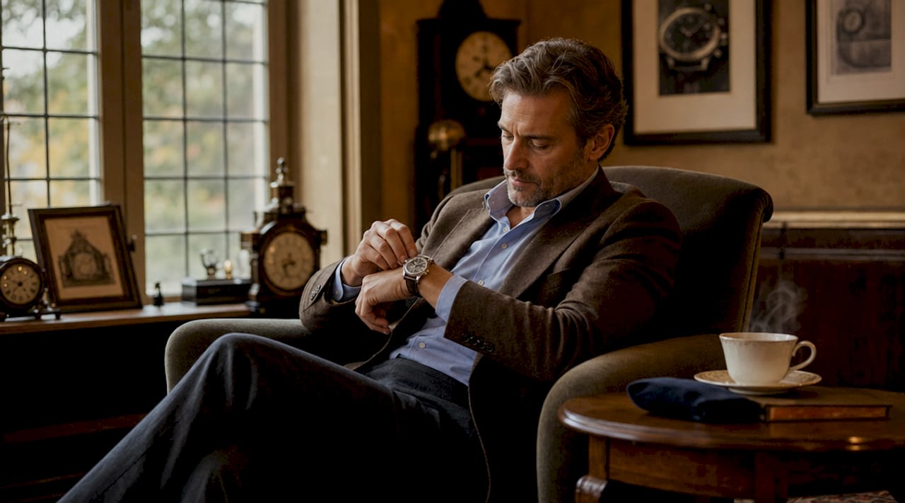 Man adjusting luxury wristwatch on wrist
