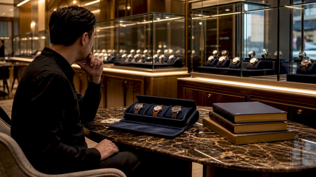 Luxury wristwatches displayed on velvet pads