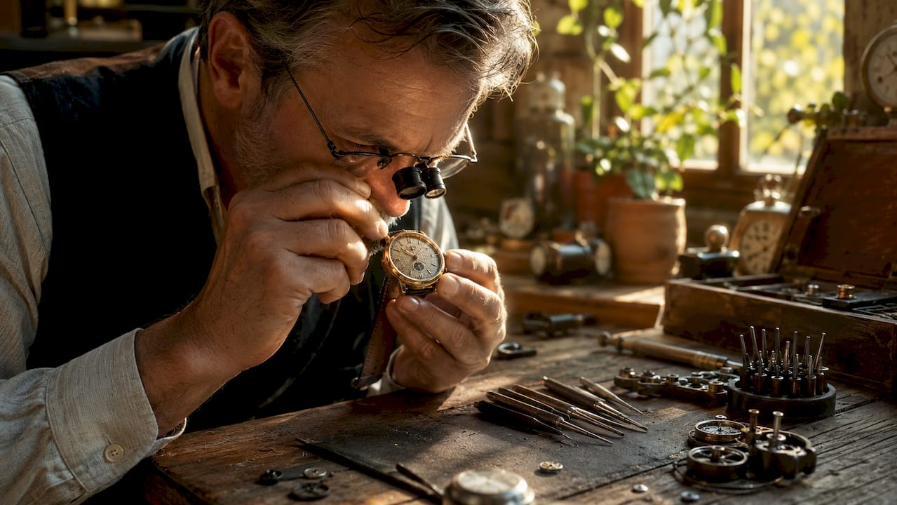 Watchmaker inspecting watch dial closely