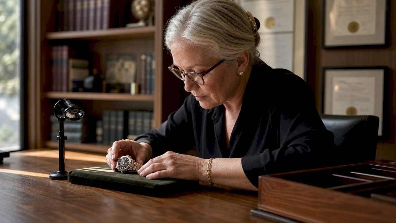 Hands inspecting luxury watch for appraisal
