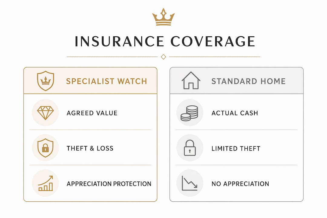Infographic comparing specialist watch and standard home insurance coverage